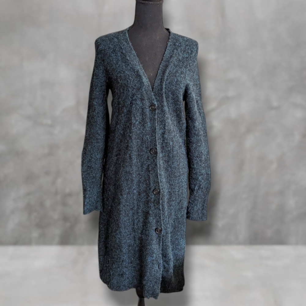 Ann Taylor Teal Fuzzy Wooly Long Cardigan Sweater Duster
